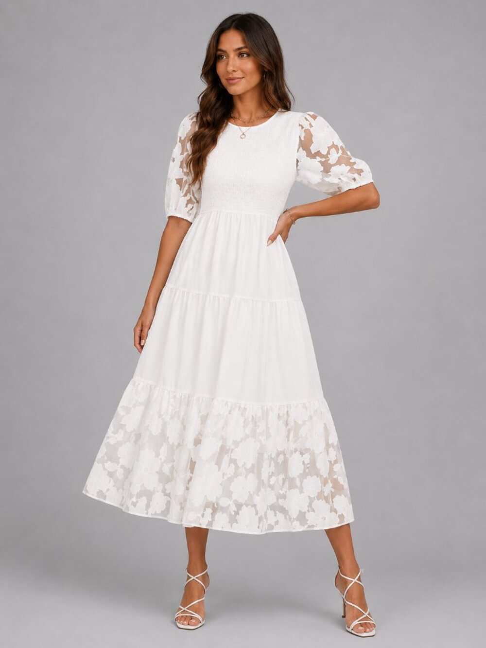 Women's White Floral Lace Tiered Maxi Dress Smocked Puff Sleeve Boho Wedding Dre